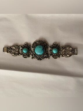 Vintage Bracelet Faux Turquoise Silver Tone Filigree Florenza Western Southwest